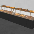 Modern Bakery Display Shelf with Glass Cover and Black Cabinets Holding Assorted Breads