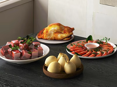 Tasty Roasted Chicken Pork Cubes Fresh Strawberry Slices And Juicy Pears On White Plates 3d model