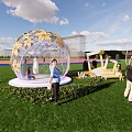 Scenic Photo Check-in Spot with Transparent Spherical Structure Green Lawn Decorative Flowers and Blue Sky