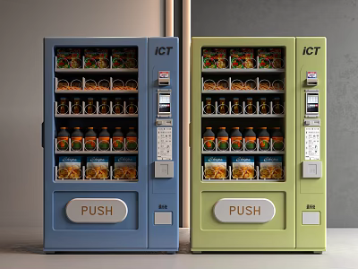 Commercial Equipment Featuring Two Different Colored Vending Machines With ICT Logo Push Button Snacks Beverages 3d model