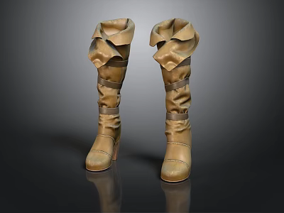 Women's Brown Leather Knee High Boots with Ruffled Cuffs and Block Heel Design 3d model