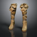 Women's Brown Leather Knee High Boots with Ruffled Cuffs and Block Heel Design