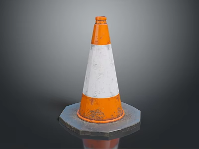 Orange and White Striped Traffic Cone With Hexagonal Base On Dark Background 3d model