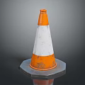 Orange and White Striped Traffic Cone With Hexagonal Base On Dark Background
