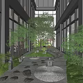 Modern Office Atrium Landscape With Green Trees Stone Path Stone Lantern And Glass Curtain Walls