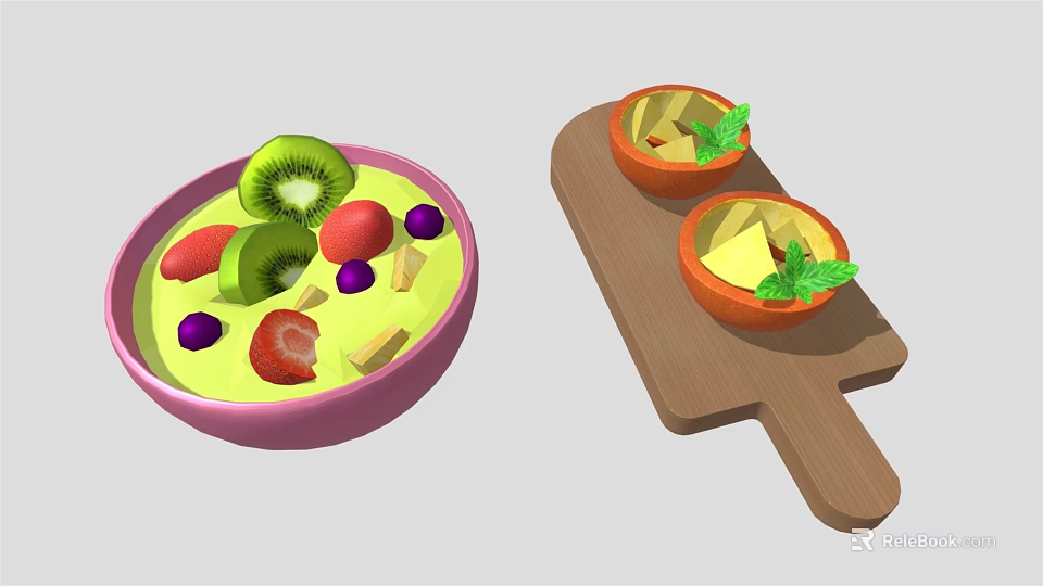 Fresh Mixed Fruit Salad in Pink Bowl with Wooden Tray and Mint Leaves 3d model 