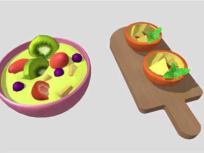 Fresh Mixed Fruit Salad in Pink Bowl with Wooden Tray and Mint Leaves 3d model