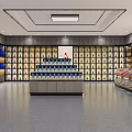 Specialty Store Interior With Colorful Product Shelves And Central Counter