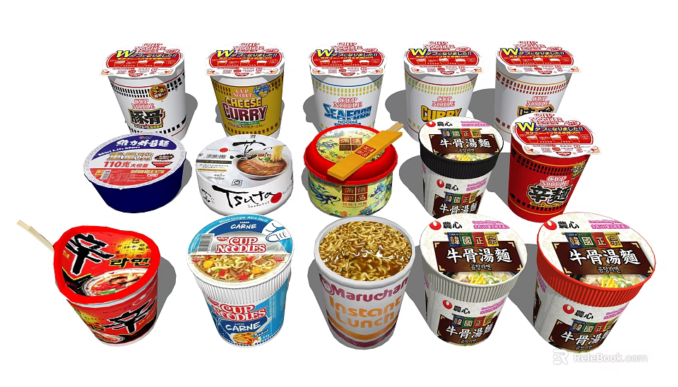 Assorted Flavors of Instant Cup Noodles with Diverse Brand Packaging and Toppings 3d model 
