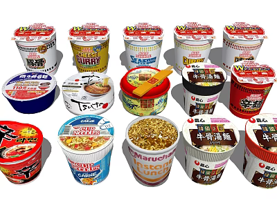 Assorted Flavors of Instant Cup Noodles with Diverse Brand Packaging and Toppings 3d model