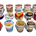 Assorted Flavors of Instant Cup Noodles with Diverse Brand Packaging and Toppings