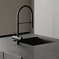Modern Dark Wooden Kitchen Cabinets With Marble Countertop Built-in Oven Lighting