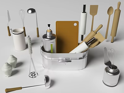 Assorted Kitchen Tools And Utensils With Metal Container 3d model