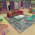 Cartoon Style Living Room Interior With Sofa Rug Chair Bicycle Bookshelf And Green Cabinets