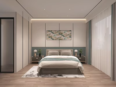 Hotel Guest Room Modern Interior Design With Comfortable Bed Decorative Painting Nightstands And Sheer Curtains 3d model