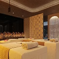 SPA Sauna Interior With Massage Bed Bathtub Warm Lighting And Wooden Walls