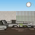 Outdoor Sofa in Modern Patio With Wooden Floor Green Plants Round Pendant Light and Cushions