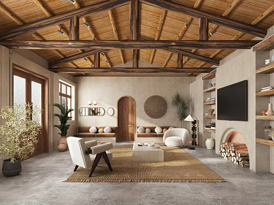 Hotel Lobby With Wooden Beam Ceiling Light Colored Walls Large Windows Sofas Plants Fireplace Rug 3d model
