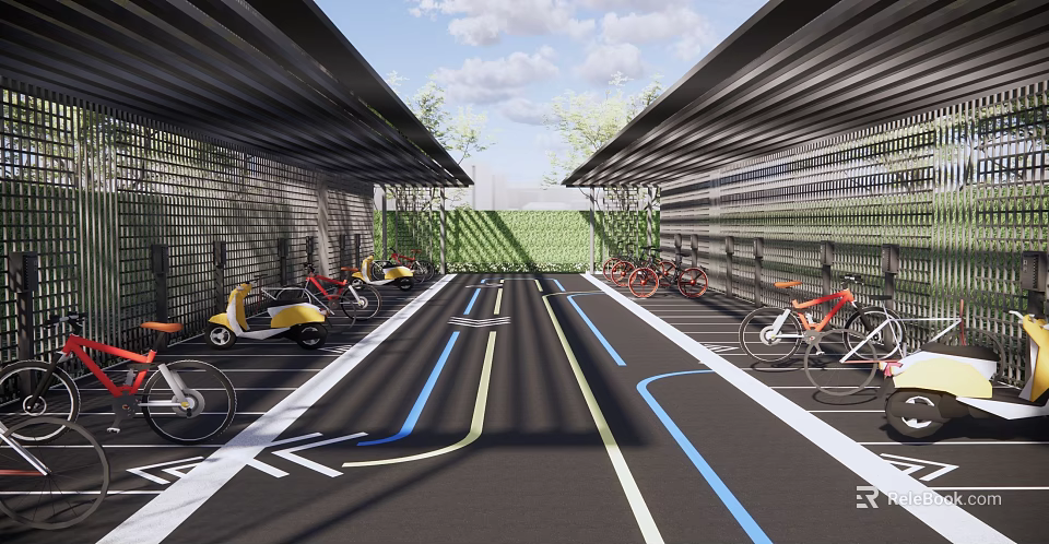 Outdoor Canopy Structure for Bicycle Scooter Parking with Colored Lines and Green Plants 3d model 