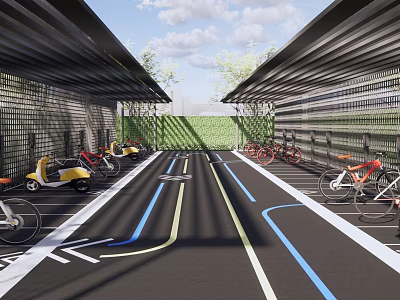 Outdoor Canopy Structure for Bicycle Scooter Parking with Colored Lines and Green Plants 3d model