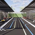 Outdoor Canopy Structure for Bicycle Scooter Parking with Colored Lines and Green Plants