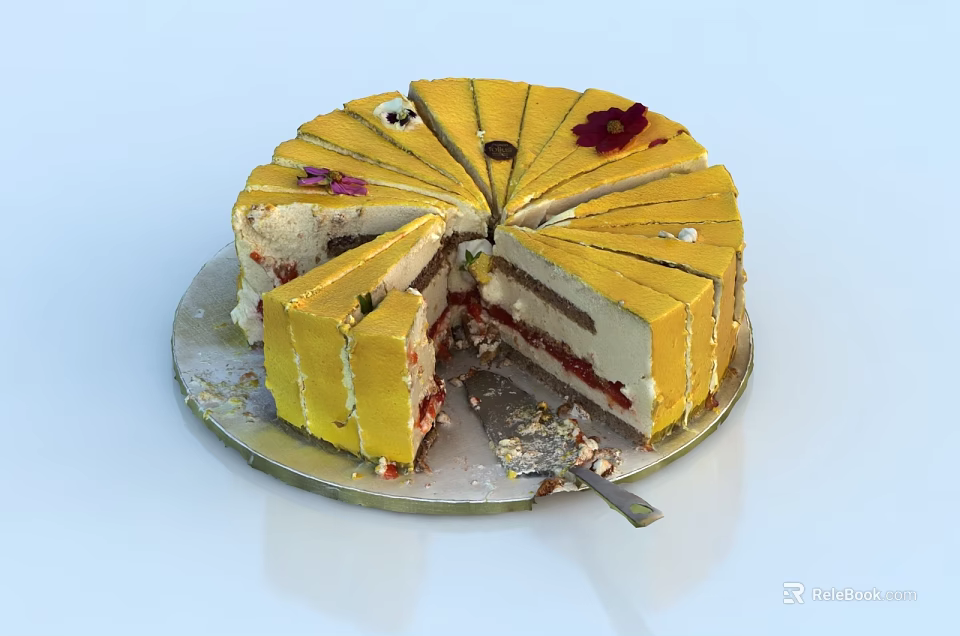 Yellow Layered Cake With Red Flower Decorations Sliced On A Plate 3d model 