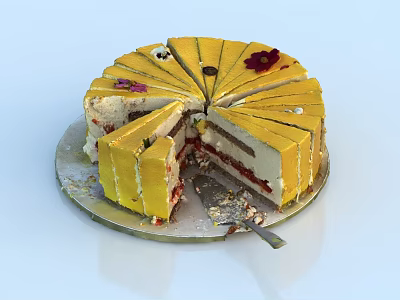 Yellow Layered Cake With Red Flower Decorations Sliced On A Plate 3d model