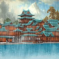 Scenic Traditional Chinese Ancient Architecture With Green Tiled Roofs Wooden Structures And Rainy Courtyard