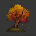Autumn Tree with Vibrant Orange Yellow Leaves Textured Trunk and Green Grass
