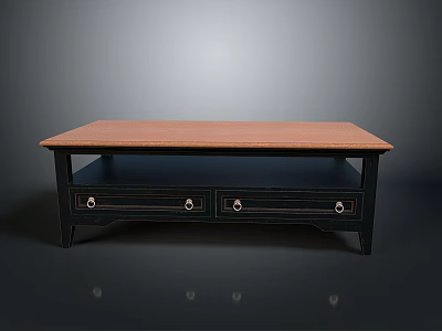 Stylish Black Coffee Table With Brown Wooden Top And Three Drawers 3d model