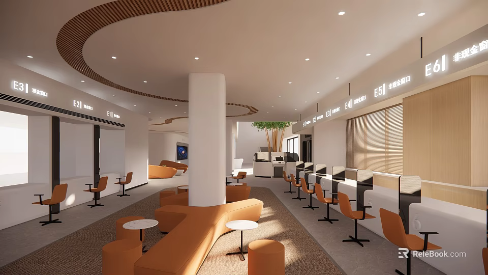 Modern Lounge Area With Orange Sofas Round Tables And Wooden Ceiling 3d model 