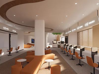 Modern Lounge Area With Orange Sofas Round Tables And Wooden Ceiling 3d model
