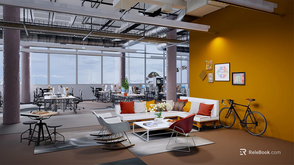Modern Public Office Space With Large Windows Yellow Wall Sofa Seating And Framed Art 3d model 