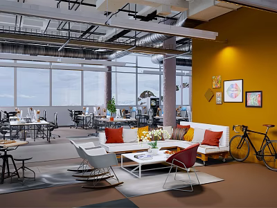 Modern Public Office Space With Large Windows Yellow Wall Sofa Seating And Framed Art 3d model