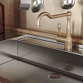 Stylish Kitchen Interior With Black Range Hood Copper Pans Metallic Backsplash And Cabinets 3d model