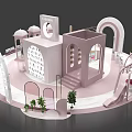 Pink And White Circular Display Stand With Arch Structures And Green Plants 3d model