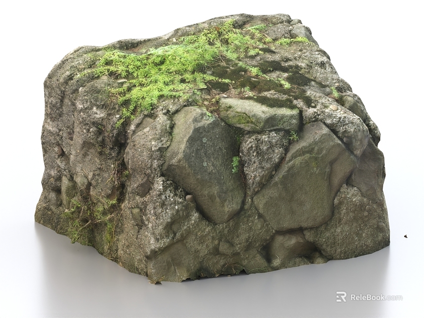 Rustic Natural Stone with Lush Green Moss and Fresh Ferns Accents 3d model 