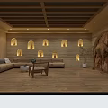 Elegant Hotel Lobby Interior With Wooden Ceiling Arched Doorway Reception Desk And Green Plant Decor
