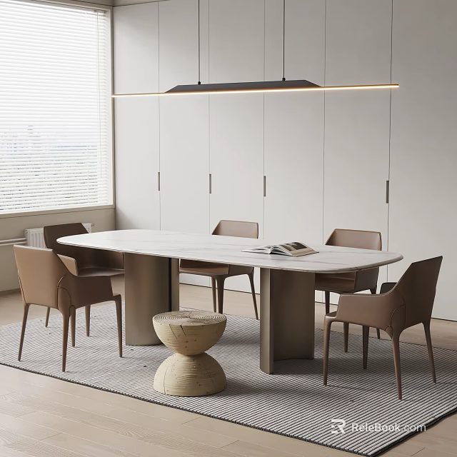 Modern Minimalist Dining Room Dining Table Set With Beige Chairs White Marble Top And Cabinets 3d model 