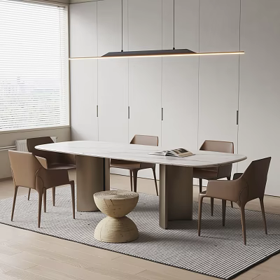 Modern Minimalist Dining Room Dining Table Set With Beige Chairs White Marble Top And Cabinets 3d model