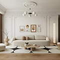 Stylish Living Room Interior With Neutral Sofa Geometric Rug Round Coffee Table And Wall Art
