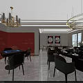 Elegant Modern Private Dining Room Interior With Dining Table Chairs Chandeliers Red Accent Wall 3d model