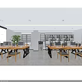 Public Office Space Interior Design with Long Wooden Table Yellow Chairs Bookshelves and Green Plants