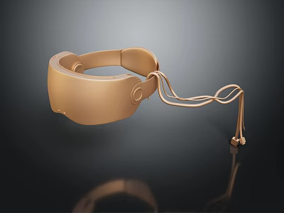 Golden Head Mounted VR Headset with Cable on Black Background and Reflection 3d model