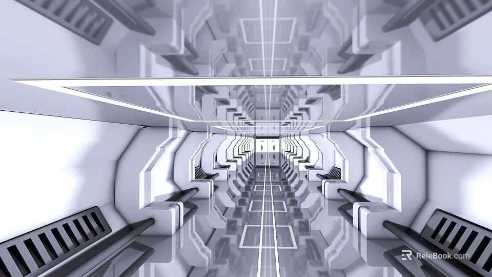 Futuristic Sci Fi Corridor With Symmetric Structure In Cartoon Scene 3d model 