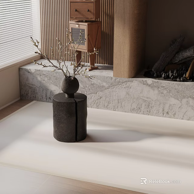 Modern Black Cylindrical Side Table with Vase Dried Branches in Soft Light Wooden Marble Interior 3d model 