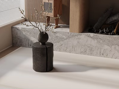 Modern Black Cylindrical Side Table with Vase Dried Branches in Soft Light Wooden Marble Interior 3d model