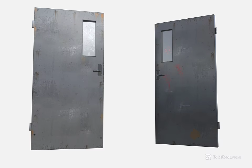 Sturdy Industrial Metal Swing Doors With Rectangular Window And Worn Surface 3d model 