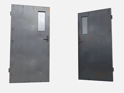 Sturdy Industrial Metal Swing Doors With Rectangular Window And Worn Surface 3d model