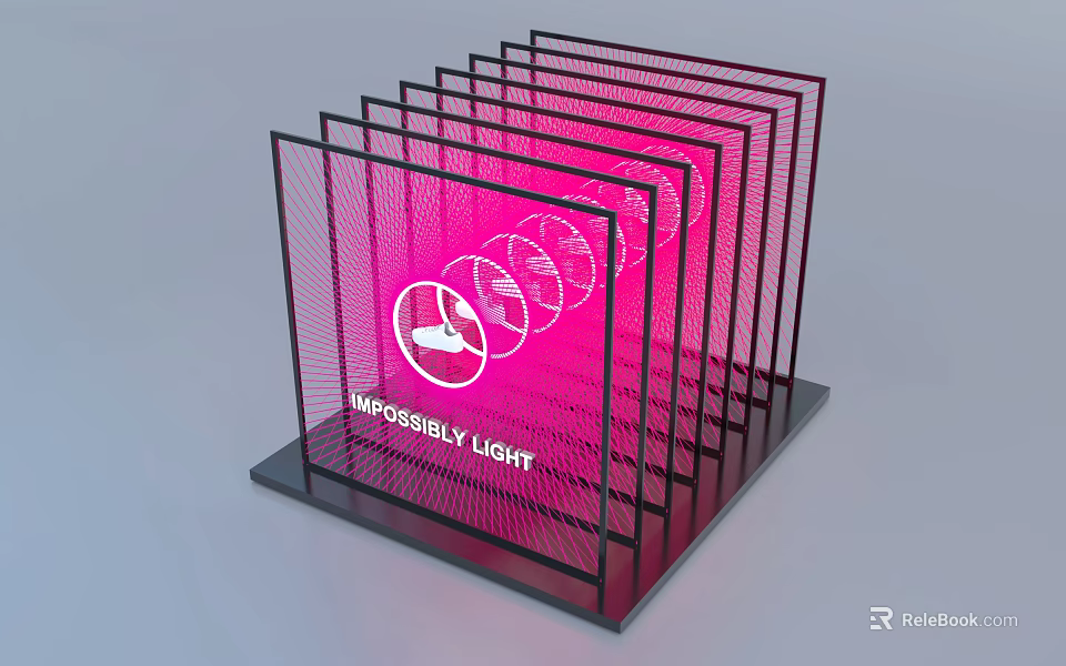 Pink Glowing Art Installation Featuring Stacked Black Frames Illuminated Circular Patterns And Impossibly Light 3d model